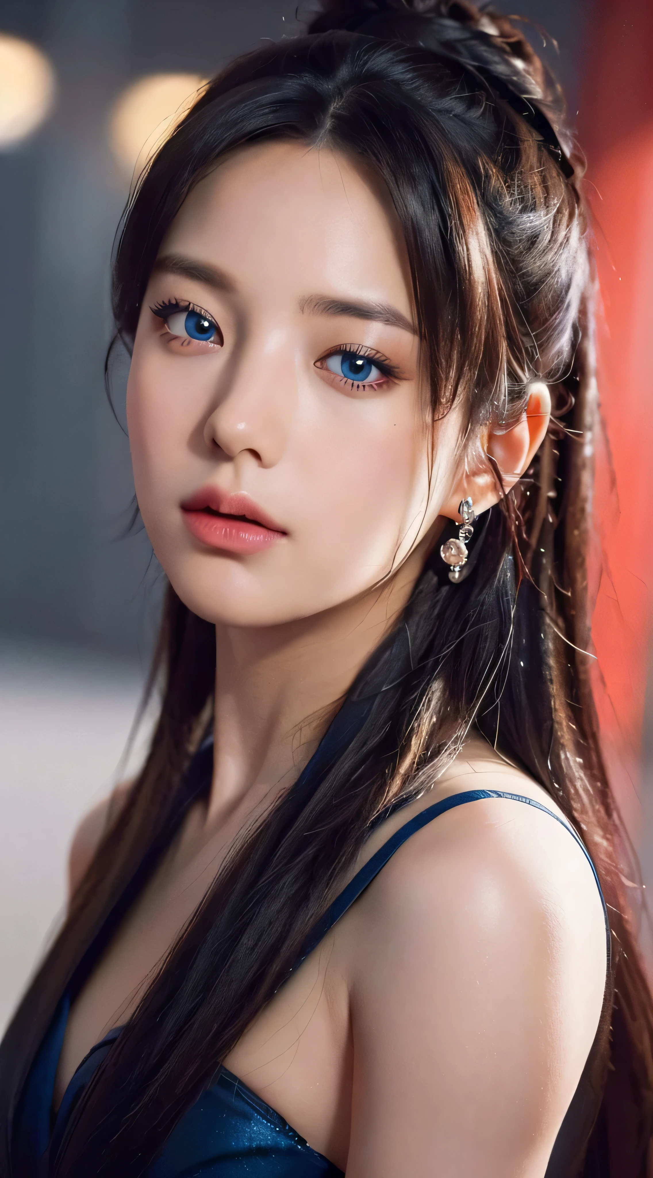 (Best quality,4K,8K,A high resolution,Masterpiece:1.2),Ultra-detailed,(Realistic,Photorealistic,photo-realistic:1.37),beautiful detailed blue eyes,Long black hair in a high bun,Detailed red veil,Portrait,Sharp focus,professional,Vivid colors,Dark background,Studio lighting