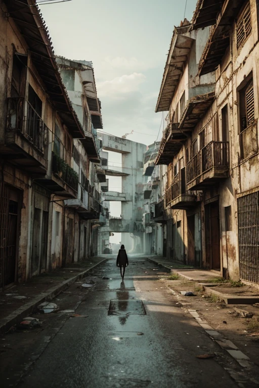Cidade abandonada,The lone walker's back,Buildings on fire,Dark tone,ruins,Post-apocalyptic wasteland