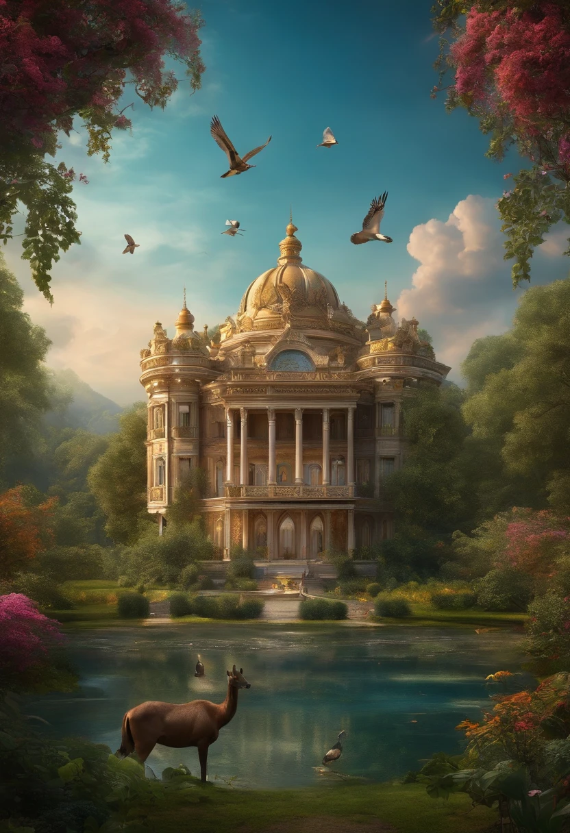 A palace on the edge of the forest, surrounded by animals, the sky is clear, and birds are singing