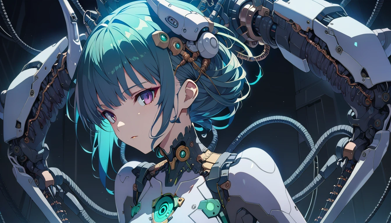 masterpiece,best quality,1mechanical girl,detailed face,shadows,8k,ultra sharp,metal,intricate,ornaments detailed,cold colors,egypician detail,highly intricate details,rending on cgsociety,facing camera,machanical limbs,mechanical cervial attaching to neck,wires and cables connecting to head,killing machine,ghost in the shell,((anime art style))