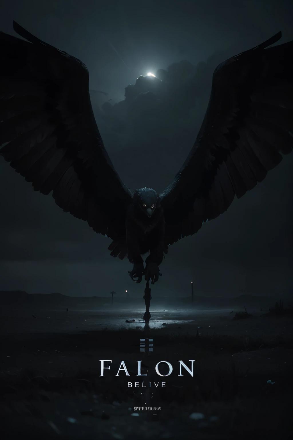 A menacing and captivating logo illustrating falcon a with its wings spread wide, its eyes glowing ominously, and a trail of dark energy behind it. The typography is in a style, reflecting the dark fantasy theme. The overall design exudes an anime-inspired aesthetic, with a moody color palette of deep blues and purples. The combination of powerful imagery and intricate details make this logo an unforgettable visual experience.