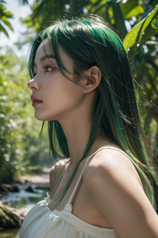 (best quality:1.3),(masterpiece:1.3),(illustration:1.3),(Extremely detailed:1.3),(Imidazolamide shot:0.9),, , , 1 Girl,Solitary,very young,Upper Body,Short neck,Small Breasts,, , from the side,from below,close up,, , , Purple Eyes,jewel eyes,Extremely detailed eyes,Extremely detailed face,(Charming smile:0.8),(open mouth:0.3),, , , Dirty stream, Muddy Waters, Garbage floating, rotten stench, unforgettable melody, Scattered syringes, The mystery of pollution, Abandoned Silence, the forgotten path, Pebble Riverbed , Double tail, maid,Green Hair,