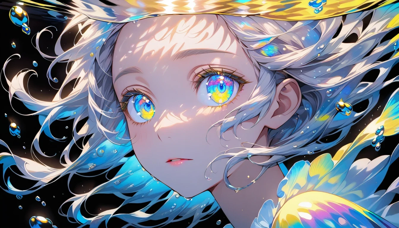 colorful,girl swims underwater,hyper detailed render style,glow,yellow,blue,brush,surreal oil painting,shiny eyes,head closeup,exaggerated perspective,tyndall effect,water drops,mother of pearl iridescence,holographic white,black background