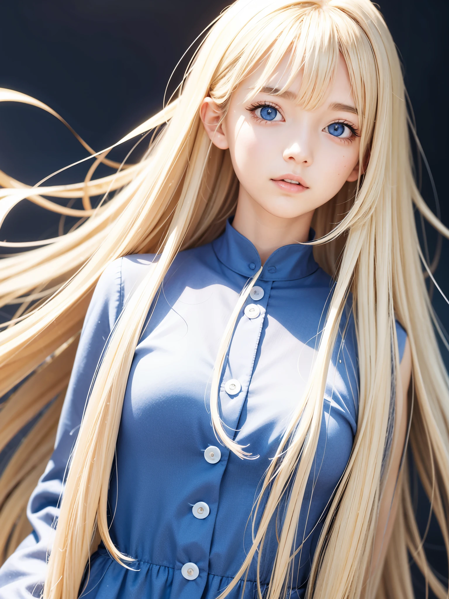bright expression、photorealisim、top-quality、超A high resolution、a picture、Photos of the most beautiful Nordic girls、Detailed cute and beautiful face、a small face、(pureerosface_v1:0.008)、Beautiful bangs、alice in the wonderland、18year old、Glowing white shiny skin、Hair clings to the face、Bangs that extend to the face、bangss、Hair between the eyes、Super long hair、Attractive bright natural blonde super long straight silky hainer hair、Attractive glowing beautiful bright clear light blue big eyes、School Uniforms、student clothes、eye liner、Double eyelids、ample breasts