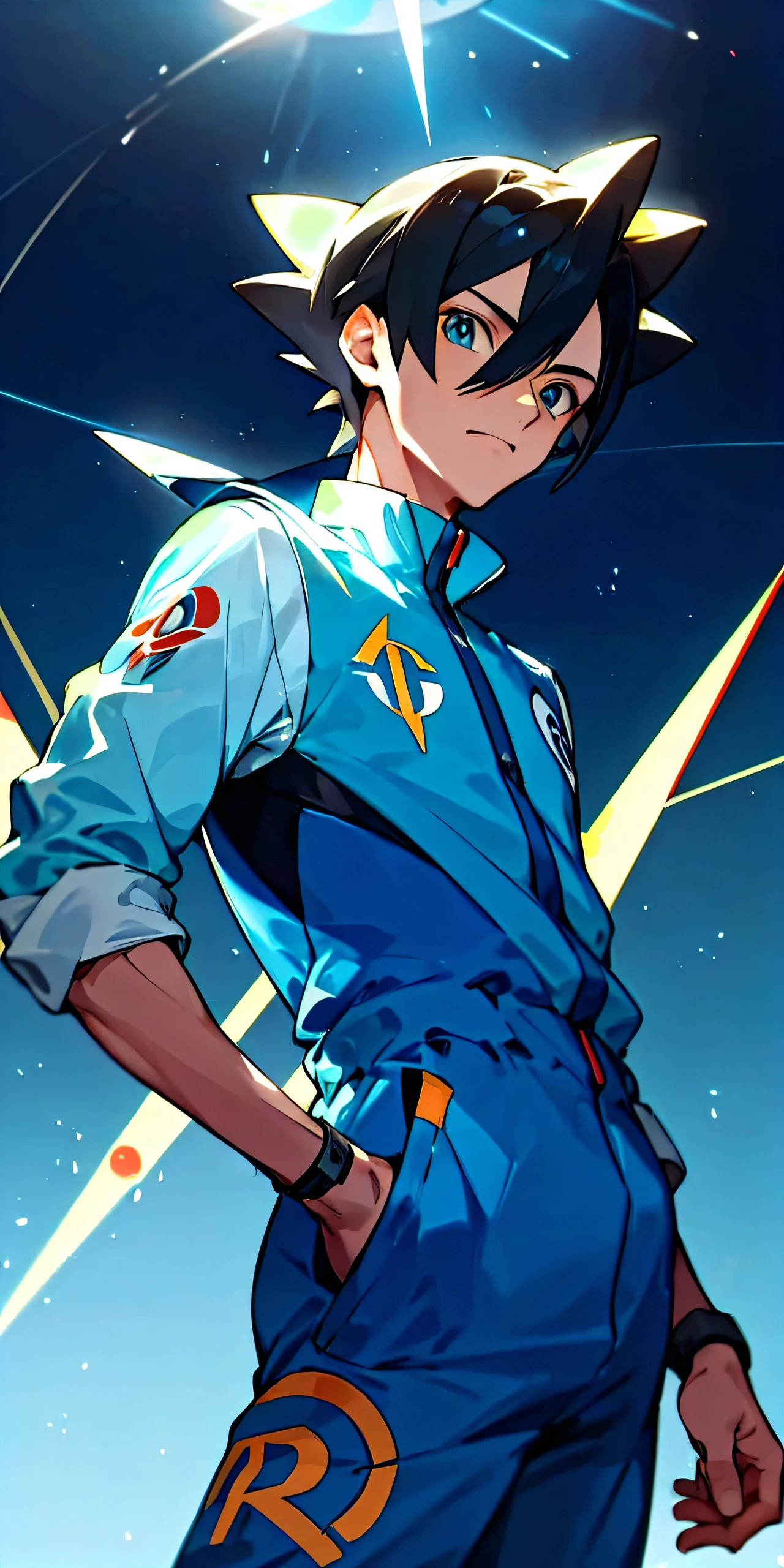 Trinador masculino de pokemon gelo, Rockets organization, jumpsuit with an R on the front light blue, olhos azuis, cabelos azul, Nor Pokémon.