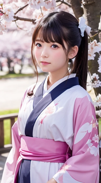 Cute kind-eyed Japan kimono under cherry tree、Cherry blossoms falling like snow、Cherry blossoms falling on my face