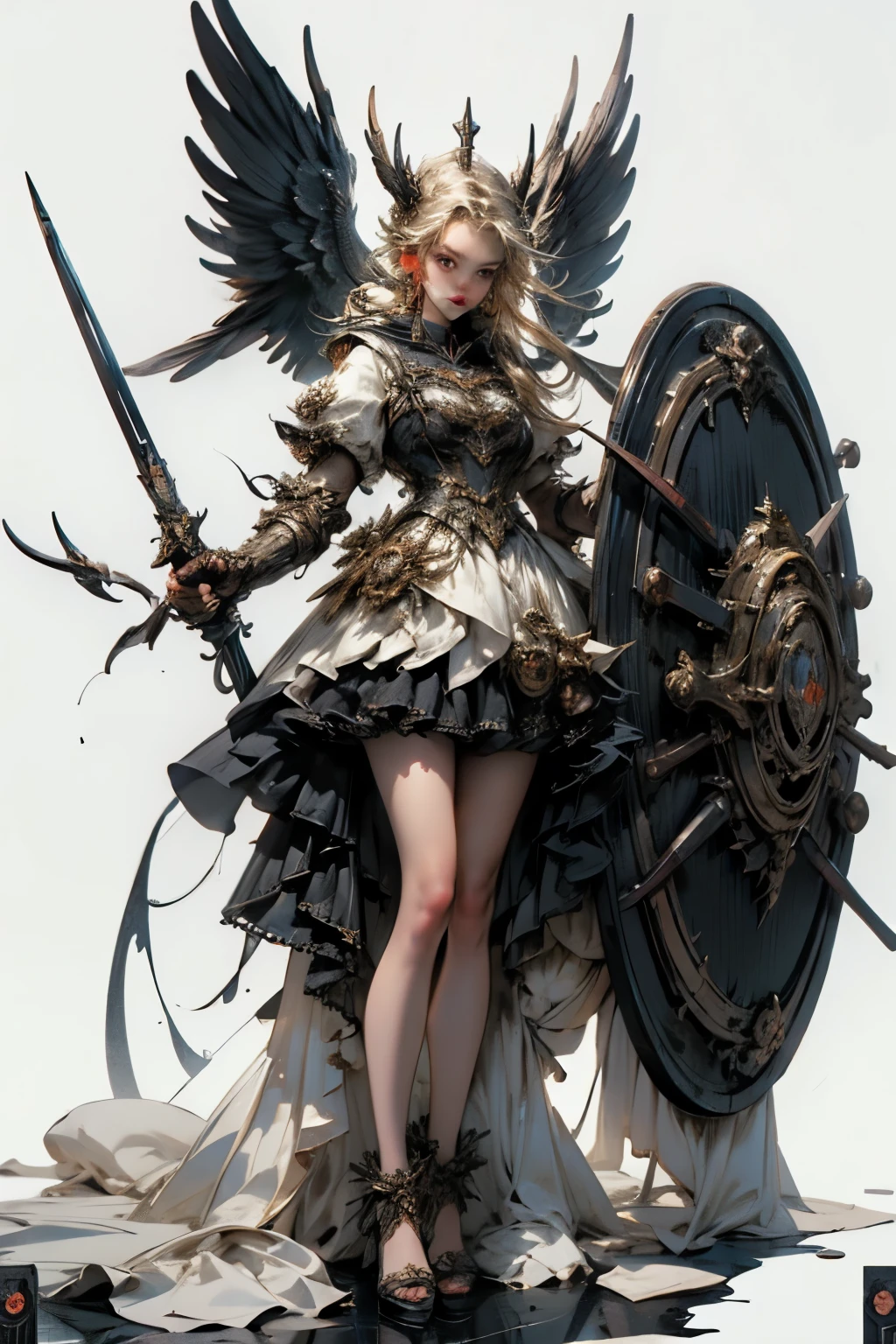 ((best quality)), ((masterpiece)), (detailed), perfect face ((best quality)), ((masterpiece)), (detailed), blank white background, plain background, white background, Bloodborne inspired, occult aesthetic, occult, detailed and intricate steampunk and detailed gothic, NSFW, Very dramatic and cinematic lighting, cosmic horror, grim-dark, side-lighting, perfect face, a beaituful goddess valkyrie adorned and enshrined in armour, Bloodborne inspired valkyrie, occult aesthetic valkyrie, occult valkyrie, detailed and intricate steampunk and detailed gothic valkyrie, wielding a sword and holding a shield, NSFW, Fluttering lace flared long knee length dress with frilly petticoats, knee length dress, pleated petticoats, lolita dress, petticoats gothic lolita, side-lighting, gothic lolita aesthetic, beautiful small breasts, small breasts, full body, whole body, body, plain background, white background, blank background, no background, white background NSFW, full body, whole body, head-to-toe