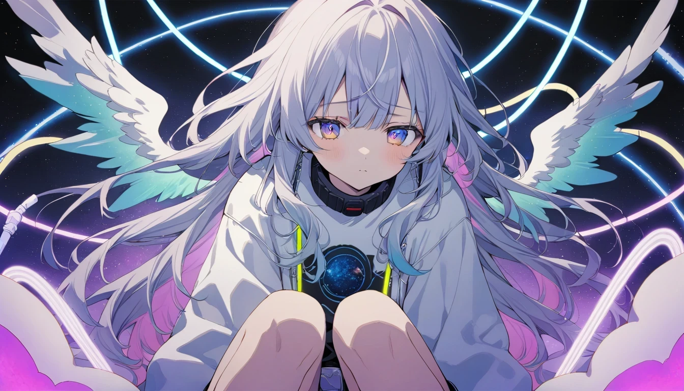 1 Girl, By Yoneyama, From maimuro, Fake dough, Wave, Heterochromic pupils, (Sitting on a neon planet), Cowboy shooting,excellent quality, depressed, Angel Wings, Solitary, White long hair, Wings bangs, provocation, Space Background, Aesthetic comparison of cables and wires, beautiful color, (excellent quality:1.5), masterpiece