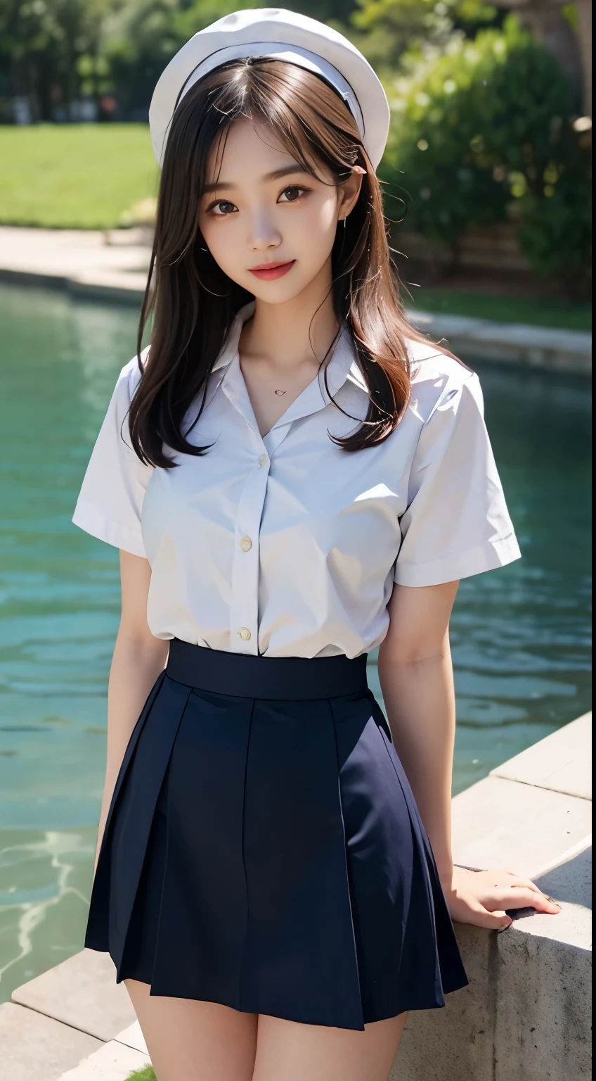 Woman standing by the lake、Beauty、Uniform eyes、20 years old、university student、Wearing a short-sleeved blouse、(((Wearing a long navy blue skirt)))、(((Wearing white panties)))、Smiling、Hands in front、Medium build、Small Bust、Viewer&#39;s gaze: Looking at the whole body from the front、, black hair, bangs, long hair, messy hair, light smile, Surrealism, cinematic lighting, tachi-e, first-person view, pov, cowboy shot, f/1.2, Nikon, UHD, best quality, highres, 8k