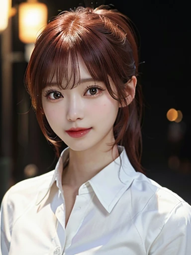 1 Japanese girl,(White fashionable shirt:1.4),(The second button is open:1.4), (RAW Photos, highest quality), (Realistic, Photorealistic:1.4), whole body, Very delicate and beautiful, Very detailed, 8k wallpaper, wonderful, In detail, Very detailedなCG Unity, High resolution, Soft Light, Beautiful details 25 years old, Very detailedな目と顔, Beautifully detailed nose, Beautiful fine details,Cinema Lighting,City lights at night,Perfect ???????,Slender body,smile (My hair is messy, Asymmetrical bangs, Red Hair,ponytail)