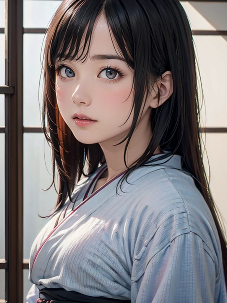 (highest quality、8k、32k、masterpiece)、(masterpiece,up to date,Exceptional:1.2), anime,One girl,Front hair,black_hair, Beautiful 8k eyes,Looking_in_Audience,One person in,Are standing,((Very beautiful woman, Fuller lips, Japanese pintern kimono))、((Colorful Japanese kimono)))、(((Medium Shot)))、Blunt bung、(High resolution)、Very beautiful face and eyes、1 girl 、Round and small face、Narrow waist、delicine body、(highest quality high detail Rich skin details)、(highest quality、8k、Oil paints:1.2)、Very detailed、(Realistic、Realistic:1.37)、Bright colors、(((blackhair)))、(((Blunt bung,Long Hair)))、(((cowboy pictures)))、((( Inside an old Japanese house with a (short focus lens:1.4),)))、(masterpiece, highest quality, highest quality, Official Art, beautifully、aesthetic:1.2), (One girl), Very detailedな,(Fractal Art:1.3),colorful,Most detailed,Sengoku period(High resolution)、Very beautiful face and eyes、1 girl 、Round and small face、Tight waist、Delicine body、(highest quality high detail Rich skin details)、(highest quality、8k、Oil paints:1.2)、(Realistic、Realistic:1.37)、Greg Rutkowski Written by Alphonse Mucha Ropp,short ,uchikake,nishijin ori,(realistic light and shadow), (real and delicate background),(muted colors, dim colors, soothing tones:1.3), low saturation, (hyperdetailed:1.2), (noir:0.4),drow,blurry_light_background, (vibrant color:1.2), cinematic lighting, ambient lighting,Single Shot,Shallow Focus,pink lip,blurry light background,
