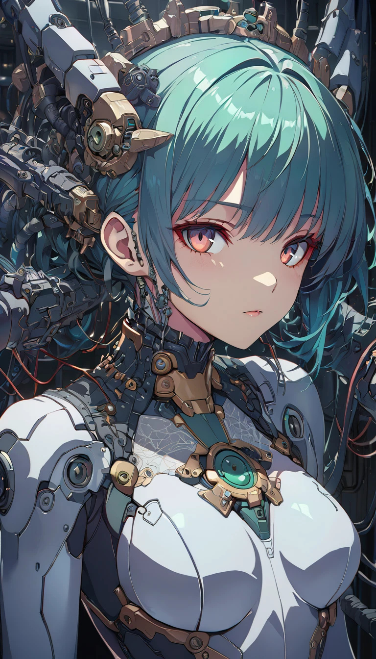 masterpiece,best quality,1mechanical girl,detailed face,shadows,8k,ultra sharp,metal,intricate,ornaments detailed,cold colors,egypician detail,highly intricate details,rending on cgsociety,facing camera,machanical limbs,mechanical cervial attaching to neck,wires and cables connecting to head,killing machine,ghost in the shell,((anime art style))
