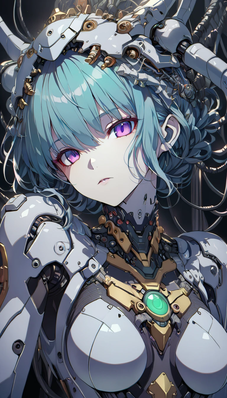 masterpiece,best quality,1mechanical girl,detailed face,shadows,8k,ultra sharp,metal,intricate,ornaments detailed,cold colors,egypician detail,highly intricate details,rending on cgsociety,facing camera,machanical limbs,mechanical cervial attaching to neck,wires and cables connecting to head,killing machine,ghost in the shell,((anime art style))