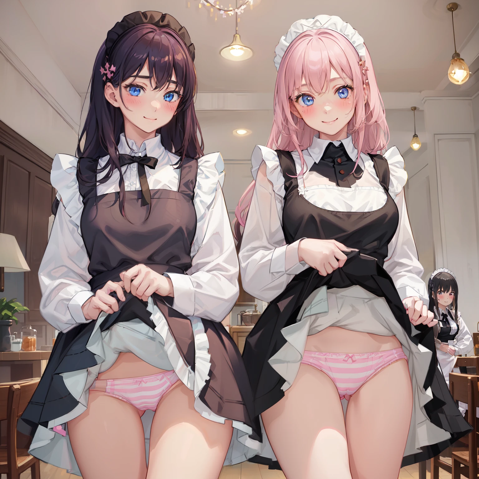 highest quality, masterpiece, ((2 girls:1.5)), ((smile:1.3)), (blush:1.3), Black Shirt, blouse, ((fun!!)), (Small breasts), Blonde, (Long sleeve), ((White apron:1.5)), ((Maid)), ((hair ornaments)), Kamimei, look at me, ((in house:1.5)), Taking a break from watching the audience, Cowboy Shot, (skirtlift:1.3), (Highly detailed pink striped panties:1.3), (Highly detailed panties:1.3), (skirt that rolls up:1.3), (Panties fully exposed:1.5), Light blue eyes, long hair, Glowing Eyes