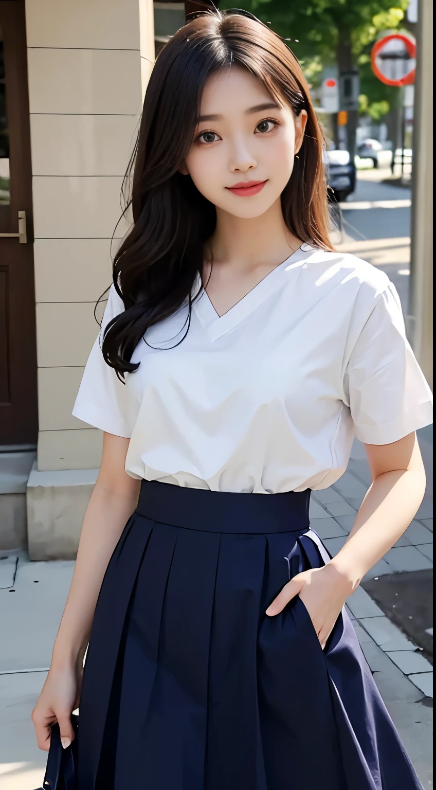 Woman standing by the lake、Beauty、Uniform eyes、20 years old、university student、Wearing a short-sleeved blouse、(((Wearing a long navy blue skirt)))、(((Wearing white panties)))、Smiling、Hands in front、Medium build、Small Bust、Viewer's gaze: Looking at the whole body from the front、, black hair, bangs, long hair, messy hair, light smile, Surrealism, cinematic lighting, tachi-e, first-person view, pov, cowboy shot, f/1.2, Nikon, UHD, best quality, highres, 8k
