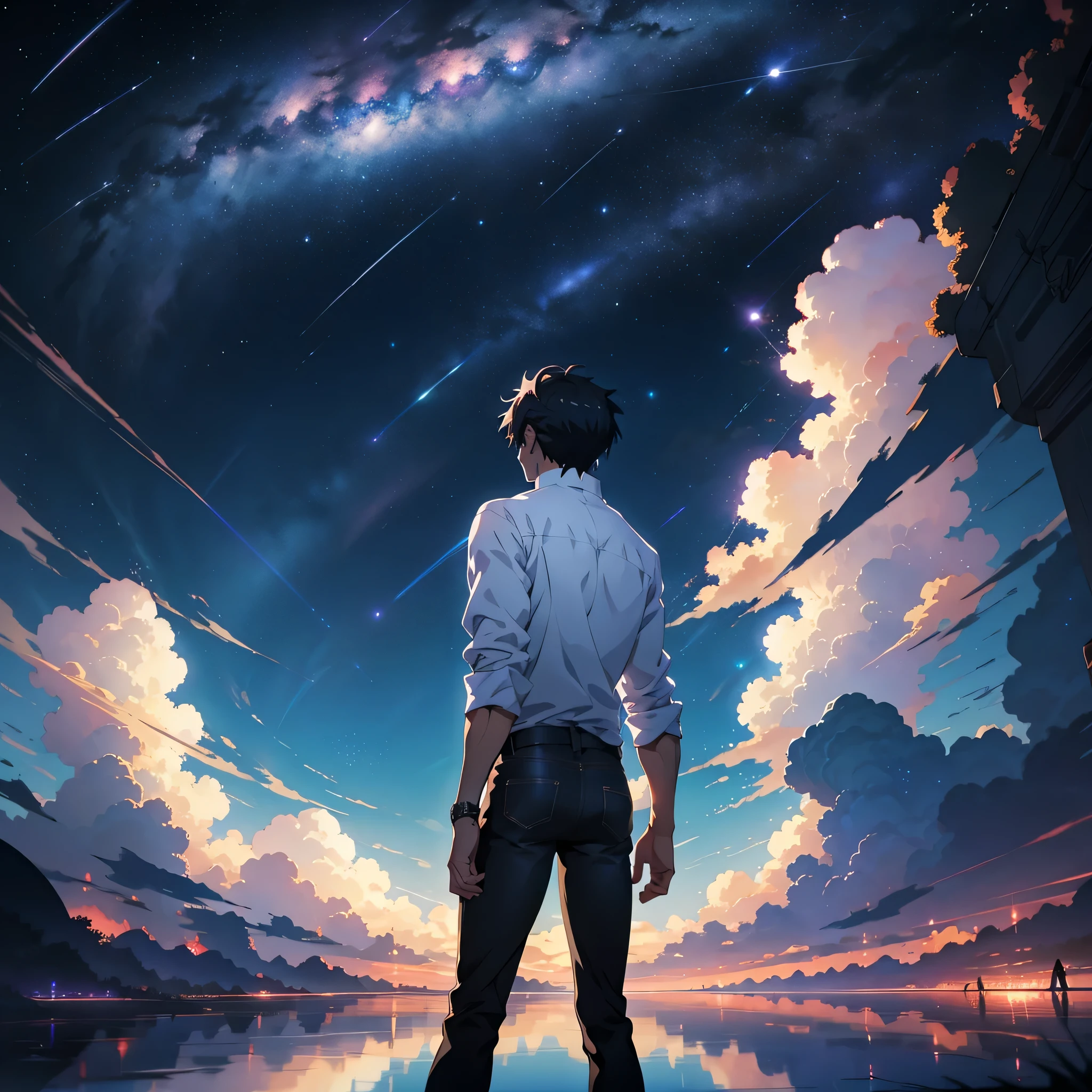 anime - style scene of a beautiful sky with star into circle, cosmic skies, by makoto shinkai, anime art wallpaper 4k, meteor fall, fly, anime art wallpaper 4 k, anime art wallpaper 8 k, anime wallpaper 4k, anime wallpaper 4 k, 4k anime wallpaper, anime sky, amazing wallpaper, anime background, anime background art, reflection, quantum transisition, white shirt, black jeans, center of cyborg city.