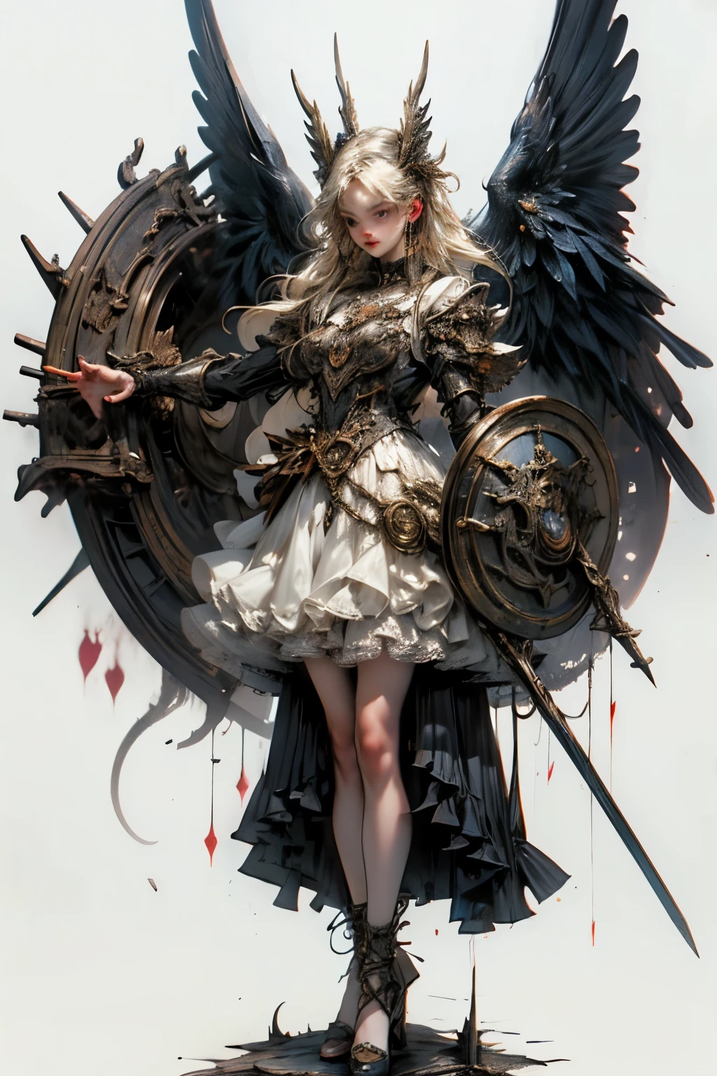 ((best quality)), ((masterpiece)), (detailed), perfect face ((best quality)), ((masterpiece)), (detailed), blank white background, plain background, white background, Bloodborne inspired, occult aesthetic, occult, detailed and intricate steampunk and detailed gothic, NSFW, Very dramatic and cinematic lighting, cosmic horror, grim-dark, side-lighting, perfect face, a beaituful goddess valkyrie adorned and enshrined in armour, Bloodborne inspired valkyrie, occult aesthetic valkyrie, occult valkyrie, detailed and intricate steampunk and detailed gothic valkyrie, wielding a sword and holding a shield, NSFW, Fluttering lace flared long knee length dress with frilly petticoats, knee length dress, pleated petticoats, lolita dress, petticoats gothic lolita, side-lighting, gothic lolita aesthetic, beautiful small breasts, small breasts, full body, whole body, body, plain background, white background, blank background, no background, white background NSFW, full body, whole body, head-to-toe