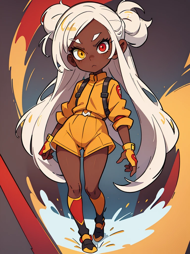 best quality, official art, masterpiece, (1 girl ???, dark skin, white hair), Heterochromia in the eyes, best quality, ultra-detailed red and yellow eyes, very detailed eyes, yellow left eye and red right eye, body of , (ideal body proportion), looking at viewer