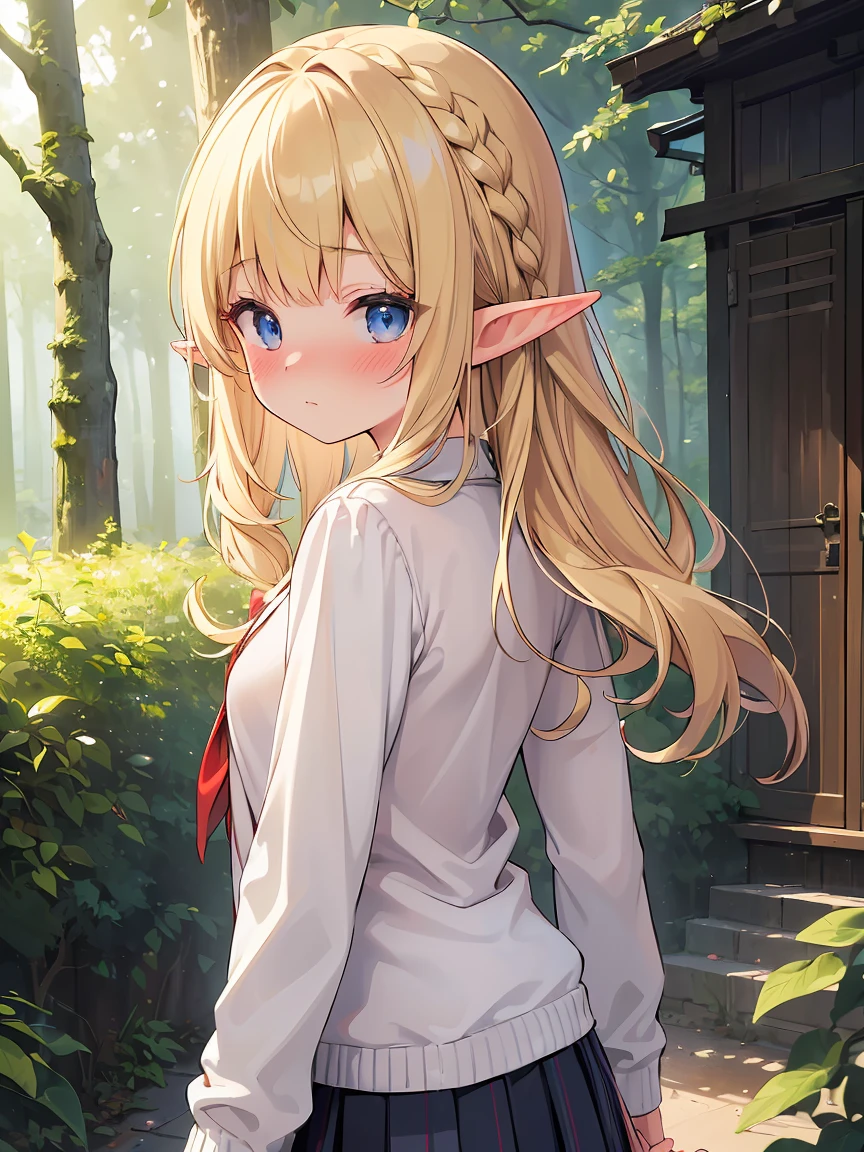 ((absurdres absolutely resolution, Masterpiece,Best quality,Ultra-detailed)), beautifull detailed face, detailled eyes,((elf ears)), (1 beautiful girl), junior high school student, Blonde, Braided hair, Medium Hair, wavy Hair, cardigan, blouse, pleated skirt, nose blush ,back arms, midnight , beautiful scene of alley, Deep in the forest, cowboy shot