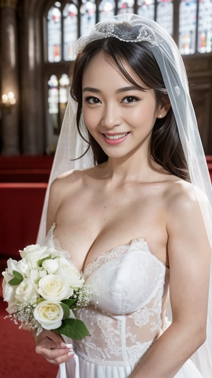 (masterpiece: 1.4), (hyper realistic: 1.4), (best quality, 16k, 32k, masterpiece, UHD: 1.2), dainty Japan herself female photo, one young girl, double eyelids, (big: 1.2), sexy bride, small breasts, (pure white wedding dress, wedding veil)), (deep slit: 1.2), (smile: 1.1), Off-shoulder, ((in church)), cleavage cutout, (sideboob), (close to viewer), (natural light)