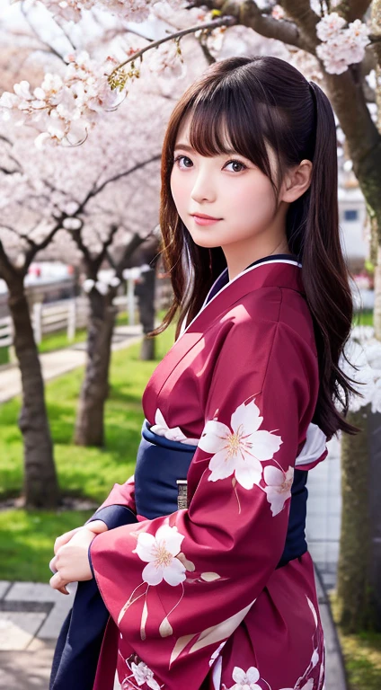 Cute kind-eyed Japan  kimono under cherry tree、Cherry blossoms falling like snow、Cherry blossoms falling on my face