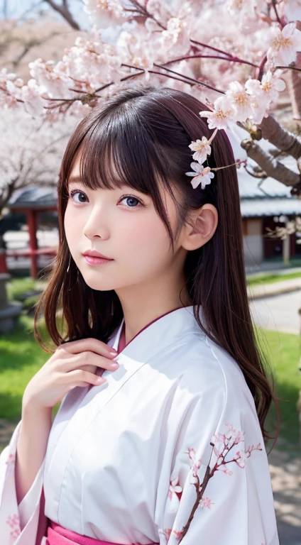 Cute kind-eyed Japan kimono under cherry tree、Cherry blossoms falling like snow、Cherry blossoms falling on my face