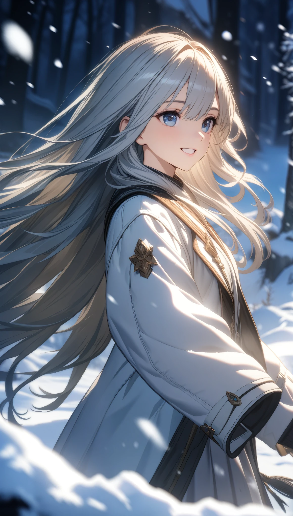 32k, best quality, ultra high res, HDR, UHD, extremely detailed CG, unity 32k wallpaper, highest quality, 4K quality, One girl, White clothes, snow, Long hair blowing in the wind, Healing Smile, Large Diameter, Blurred Background,