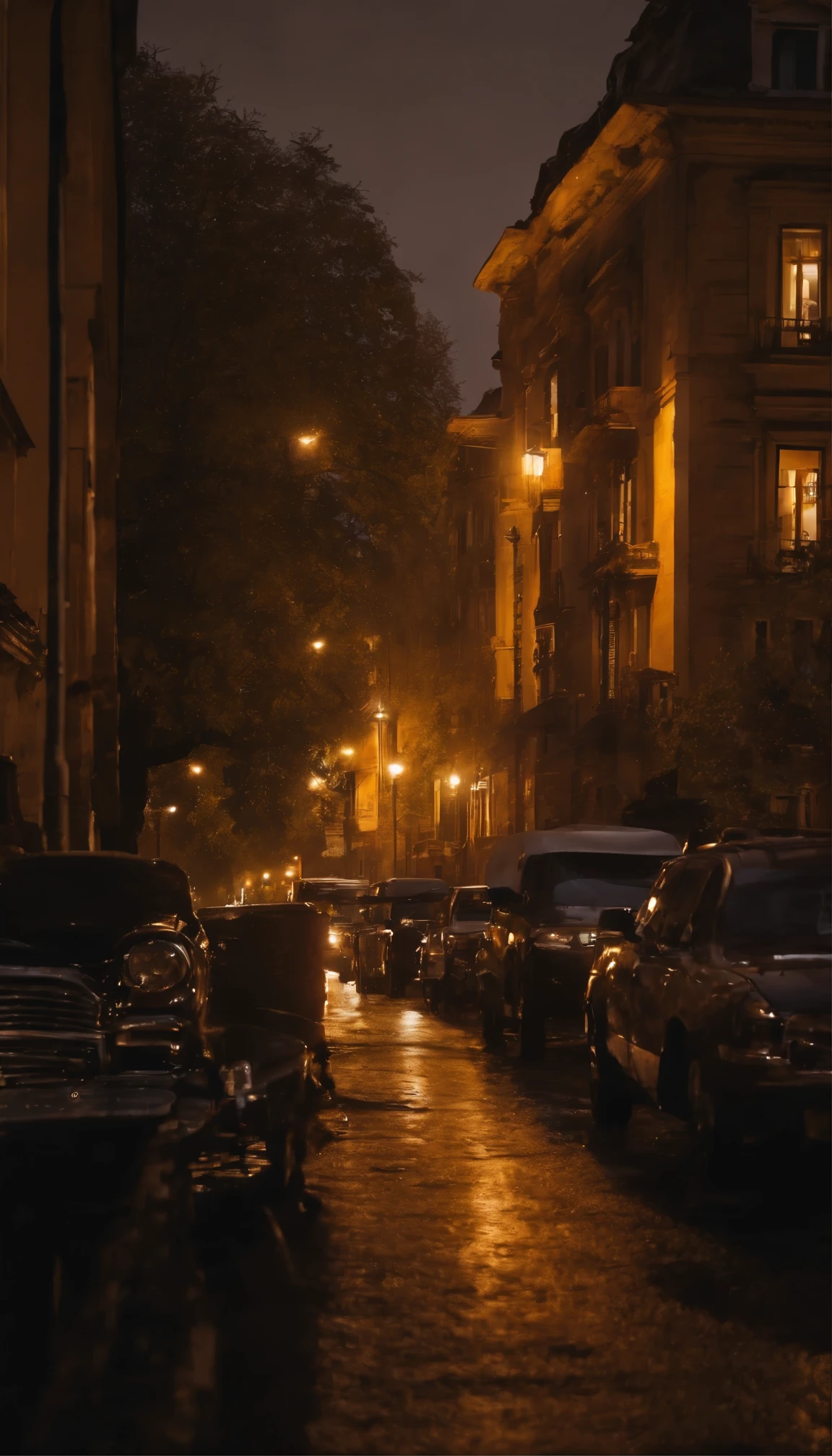artistic. at night, Cityscape. The night is pitch black. The stage is lit only by lanterns.. heavy rain. Town Square, Glowing lanterns, House behind a cast iron fence, High rise residential buildings with different floors, Lots of trees. Thick Crown, Fresh green. heavy rain, downpour. Around the square, A car passes in the distance.
