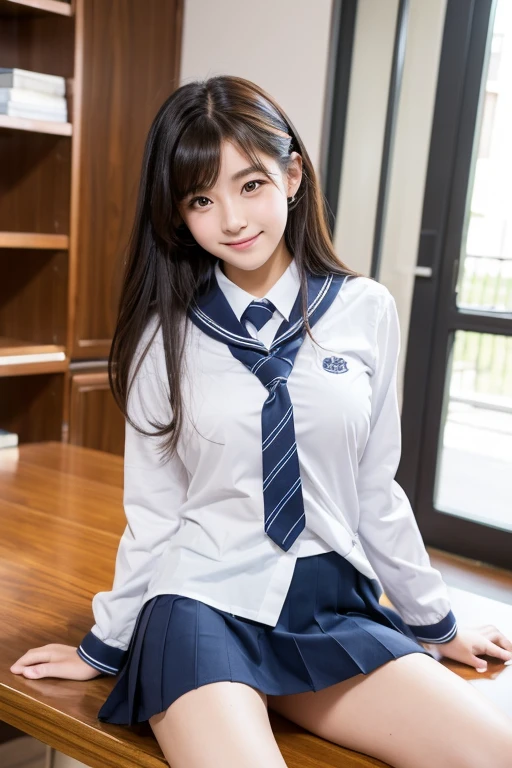 High School Students,Double tail,White,JK school uniform,Sitting on the table with legs spread
