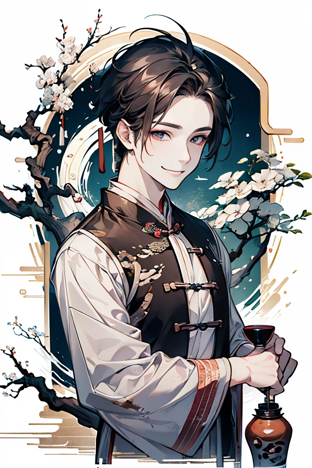 ((Adult male:1.2)),((hanfu costume:1.2)),((cheers:1.3)),((sake、banquet、flagon:1.4)),(smile:1.4),☺️