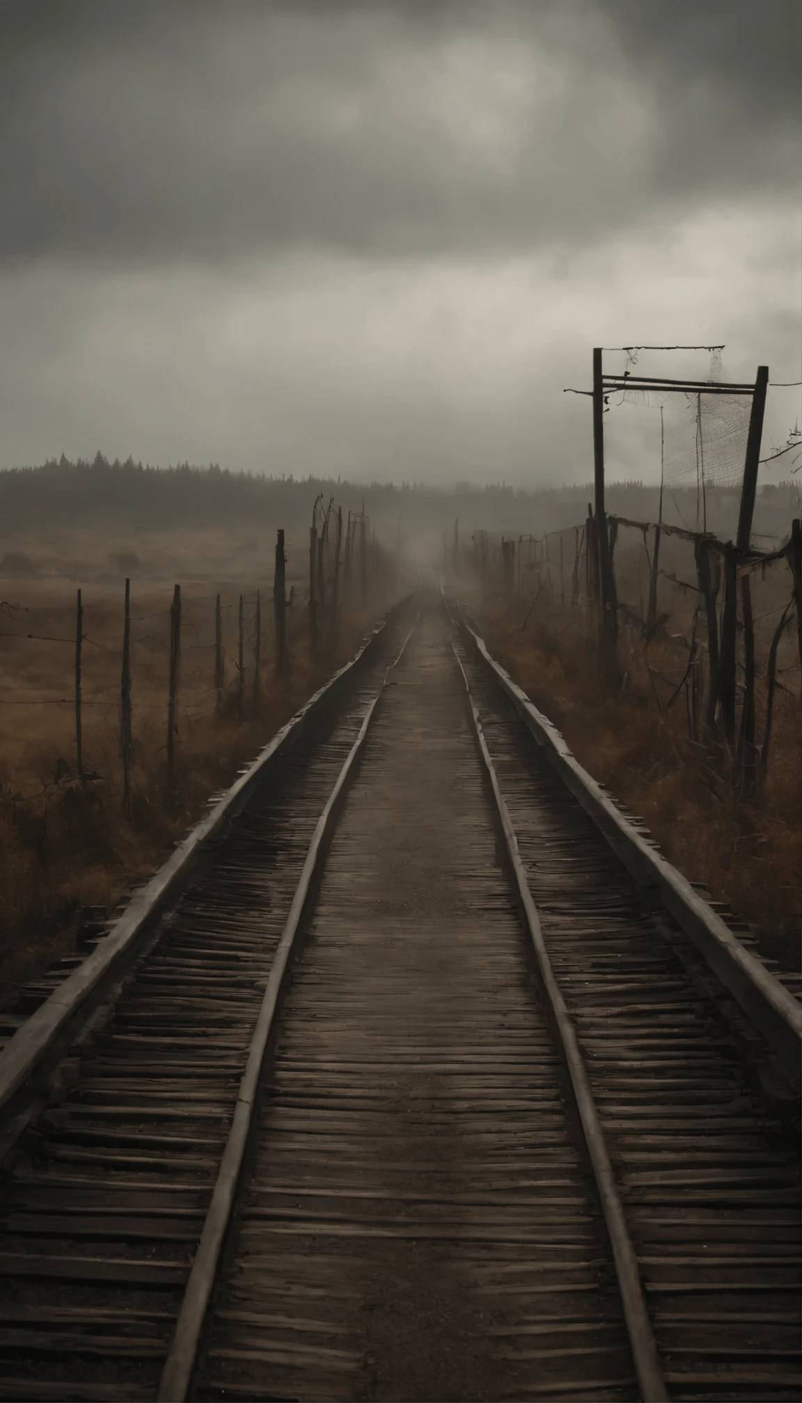 Horror, The road is fenced with planks and barbed wire., Lots of Silent Hill-style zombies, Attention to detail, Daytime, cloudy, Thick Fog, There is a lot of rust