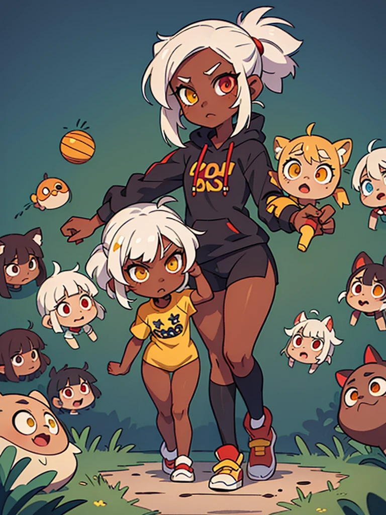 best quality, official art, masterpiece, (1 girl ???, dark skin, white hair), Heterochromia in the eyes, best quality, ultra-detailed red and yellow eyes, very detailed eyes, yellow left eye and red right eye, body of ???, (ideal body proportion), looking at viewer