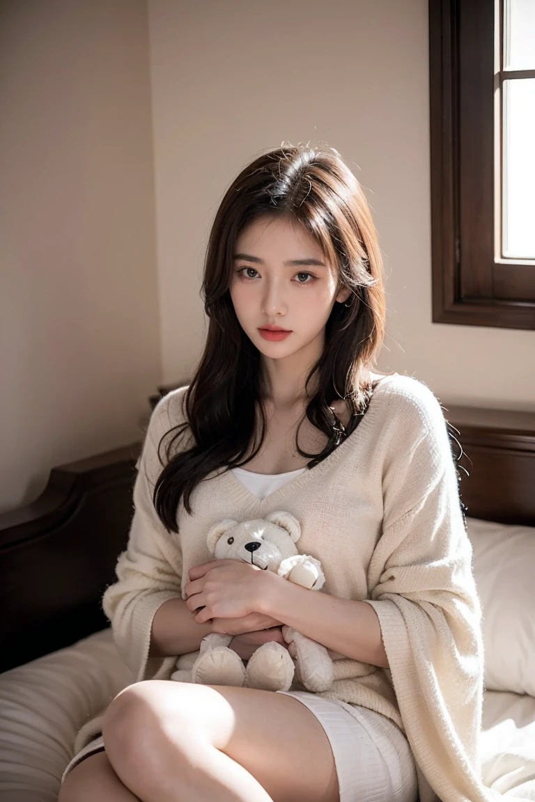In a quiet, dimly lit room, a young woman named Aria sits alone on her bed, wrapped in a blanket. The room's only light filters softly through the window, casting a melancholic glow. Beside her, a teddy bear sits silently, a symbol of comfort in her solitude. Aria's expressive eyes reveal a depth of emotion, reflecting her introverted nature and occasional bouts of loneliness. She finds solace in gaming, sad English and Korean movies, and anime, often immersing herself in these worlds to escape her own. Though she enjoys her solitude, she longs for a connection with someone who understands her, someone who shares her passions and can appreciate the quiet beauty of shared silence.