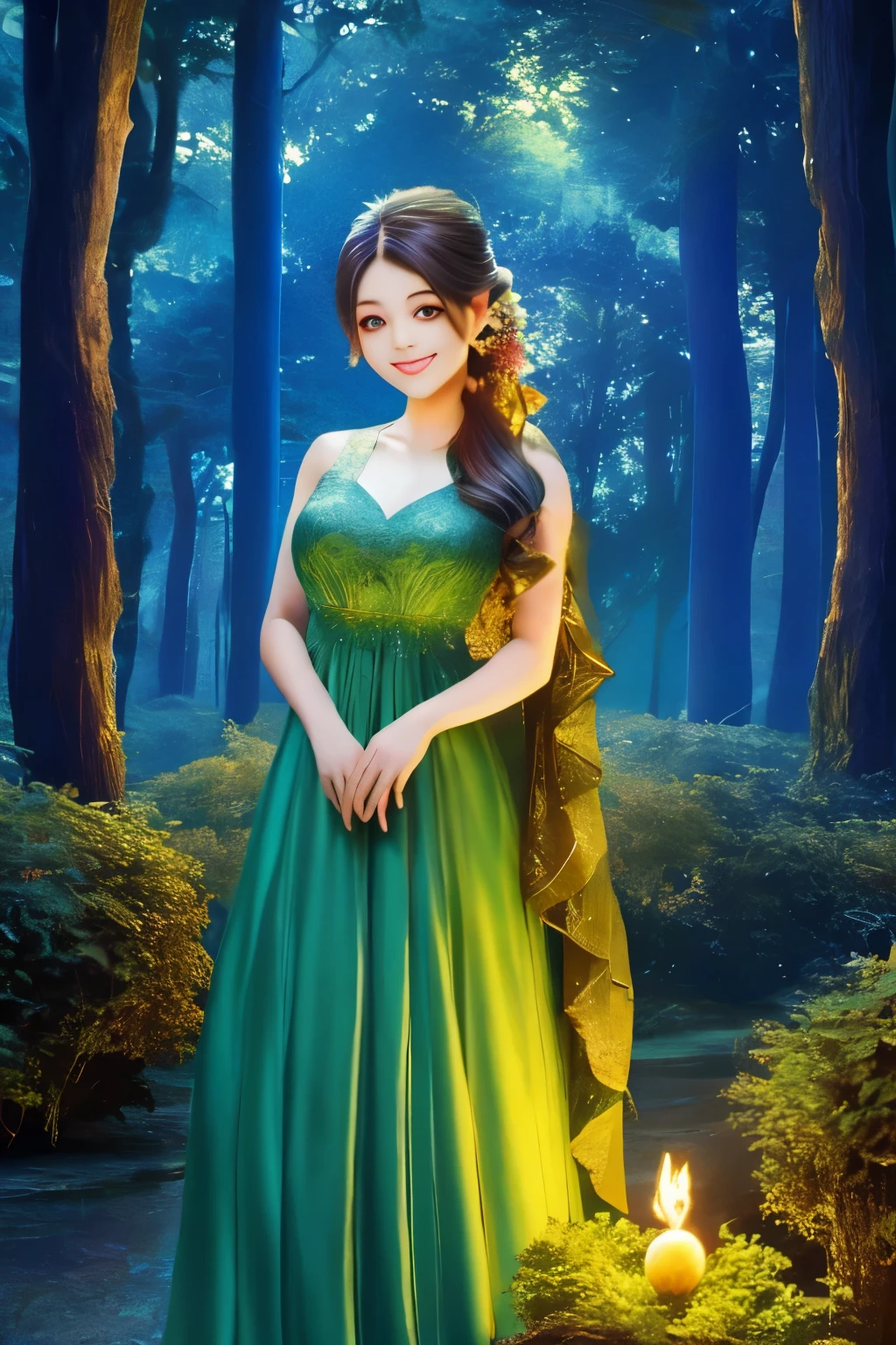 1girls, ,,Simper smile, High-definition image, a woman, her hair adorned with glowing fireflies, eyes shimmering with enchantment. Dressed in a gown made from woven moonlight, she stands in a mystical forest where trees come to life. The scene, bathed in the ethereal glow of the fireflies, captured in the style of a magical forest artwork., (masterpiece, best quality, official art,intricate details:1.2)