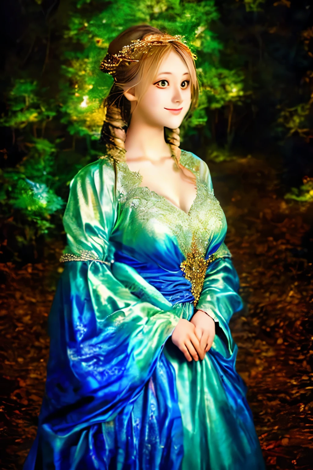 1girls, ,,Simper smile, High-definition image, a woman, her hair adorned with glowing fireflies, eyes shimmering with enchantment. Dressed in a gown made from woven moonlight, she stands in a mystical forest where trees come to life. The scene, bathed in the ethereal glow of the fireflies, captured in the style of a magical forest artwork., (masterpiece, best quality, official art,intricate details:1.2)