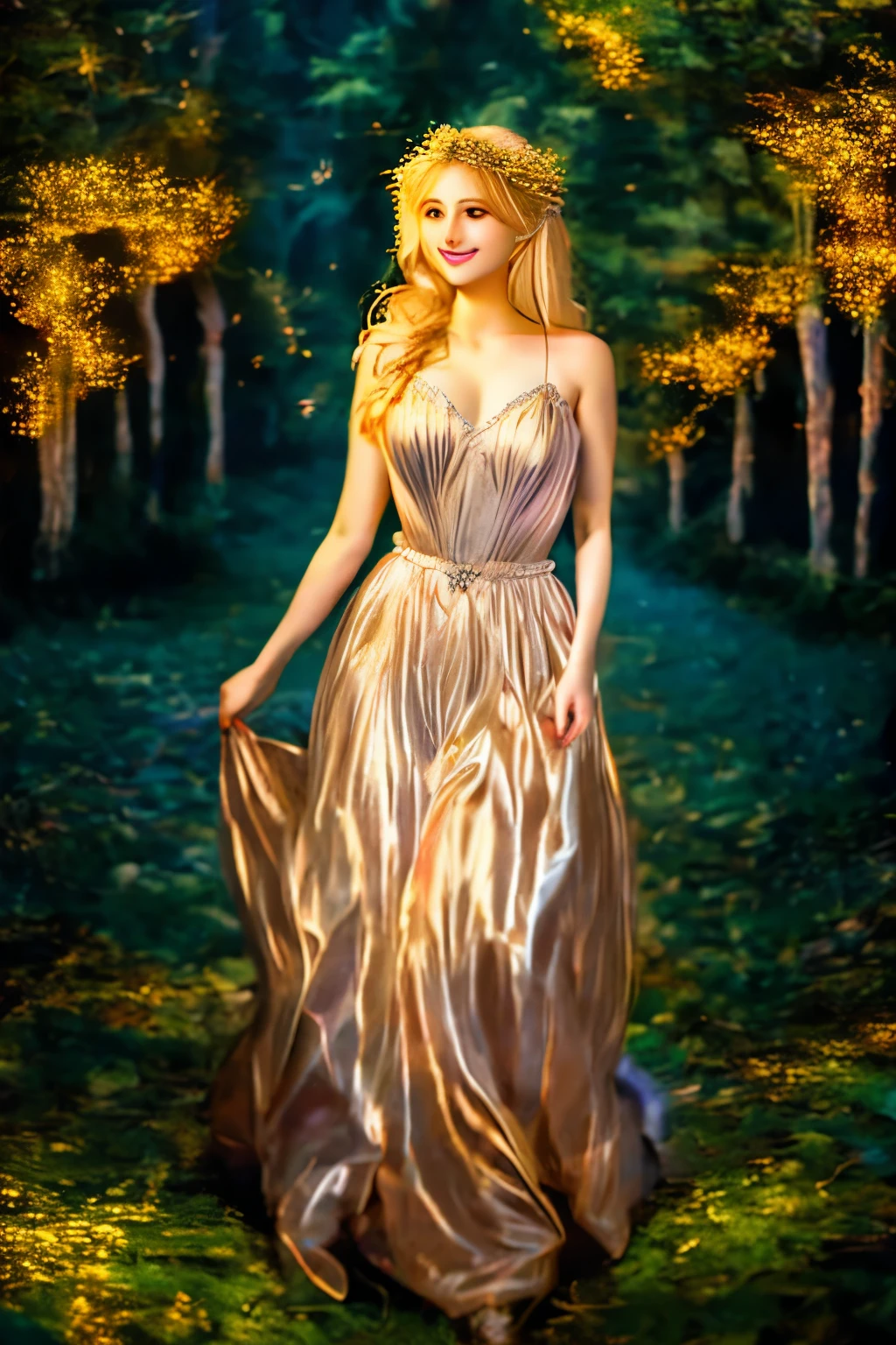 1girls, ,,Simper smile, High-definition image, a woman, her hair adorned with glowing fireflies, eyes shimmering with enchantment. Dressed in a gown made from woven moonlight, she stands in a mystical forest where trees come to life. The scene, bathed in the ethereal glow of the fireflies, captured in the style of a magical forest artwork., (masterpiece, best quality, official art,intricate details:1.2)