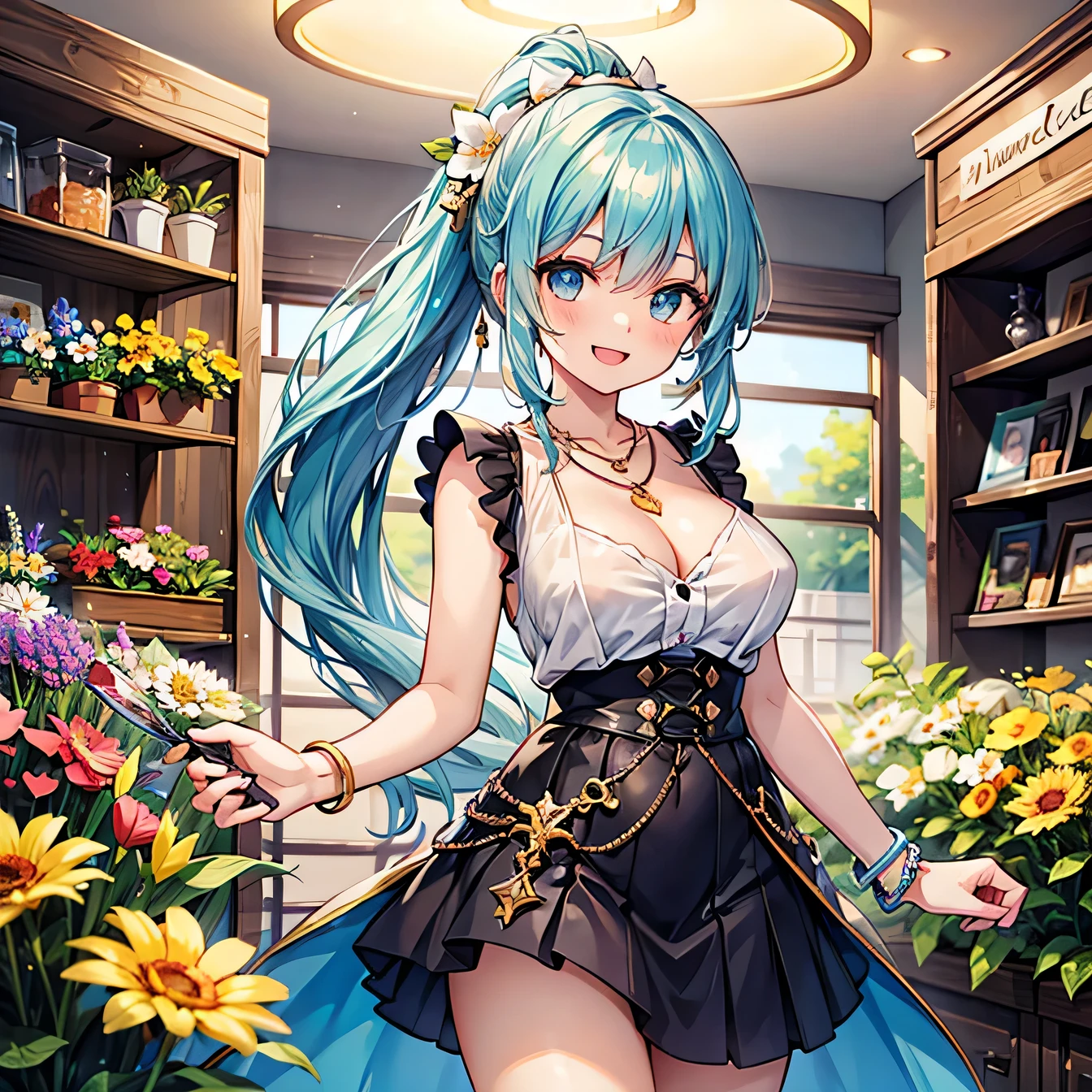 Anime Moe Art Style,highest quality,High resolution,Anatomically correct,One Girl,-teegirl with light blue hair in a ponytail,Super detailed,Fantasy World,Sleeveless blouse,flare skirt,Big Breasts,A rich expression,A big smile,Flower shop front,Looking at the flowers,Eyes drawn in detail,hair ornaments,necklace,bracelet,ring,8K