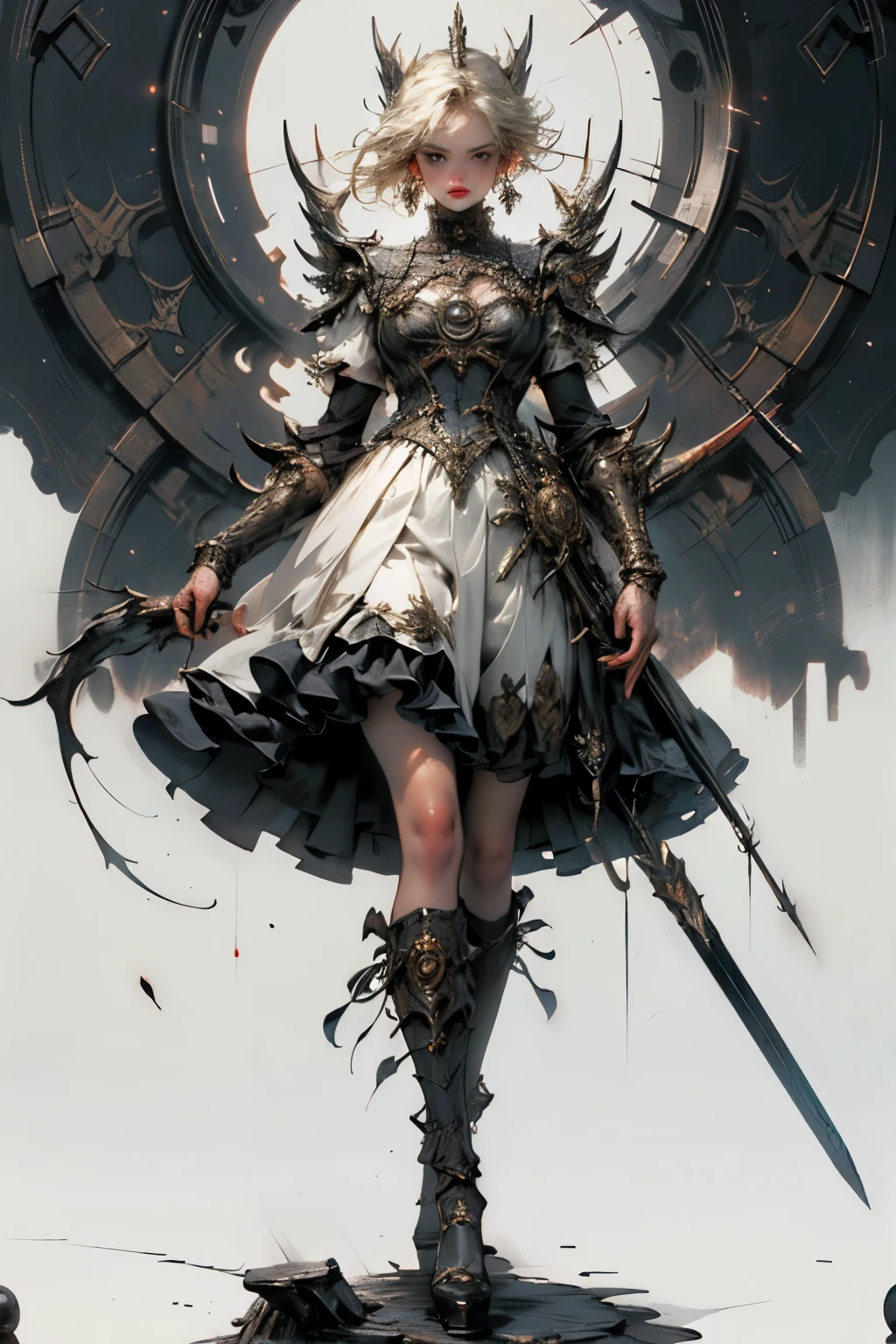 ((best quality)), ((masterpiece)), (detailed), perfect face ((best quality)), ((masterpiece)), (detailed), blank white background, plain background, white background, Bloodborne inspired,  occult aesthetic, occult, detailed and intricate steampunk and detailed gothic, NSFW, Very dramatic and cinematic lighting, cosmic horror, grim-dark, side-lighting, perfect face, a beaituful goddess adorned and enshrined in armour, Bloodborne inspired , occult aesthetic, occult valkyrie, detailed and intricate steampunk and detailed gothic valkyrie, wielding a sword and holding a shield, NSFW, Fluttering lace flared long knee length dress with frilly petticoats, knee length dress, pleated petticoats, lolita dress, petticoats gothic lolita, side-lighting, gothic lolita aesthetic, beautiful small breasts, small breasts, full body, whole body, body, plain background, white background, blank background, no background, white background NSFW, full body, whole body, head-to-toe