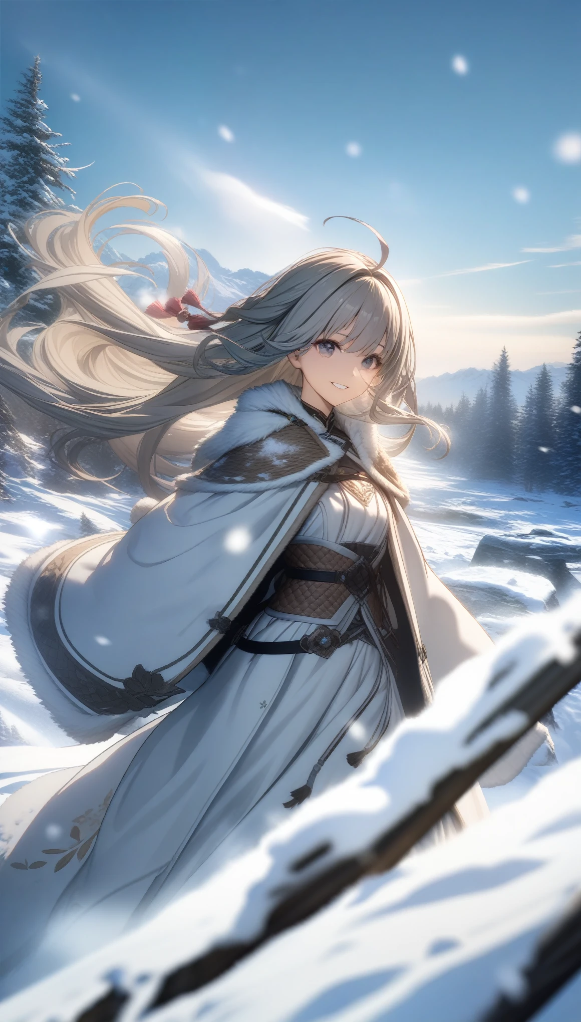 32k, best quality, ultra high res, HDR, UHD, extremely detailed CG, unity 32k wallpaper, highest quality, 4K quality, One girl, White clothes, snow, Long hair blowing in the wind, Healing Smile, Large Diameter, Blurred Background,
