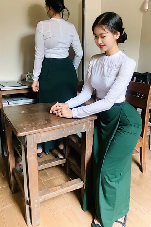 A school teacher is 30years old.Tall, thin, big hips, big breasts, black hair, small lips, brown eyes, attractive, K.Top=white Burmese blouse,With long sleeves,Buttoned at the side.Bottom=(Dark green) long skirt.
Footwear=female Burmese sandals,The hair is knotted bun.