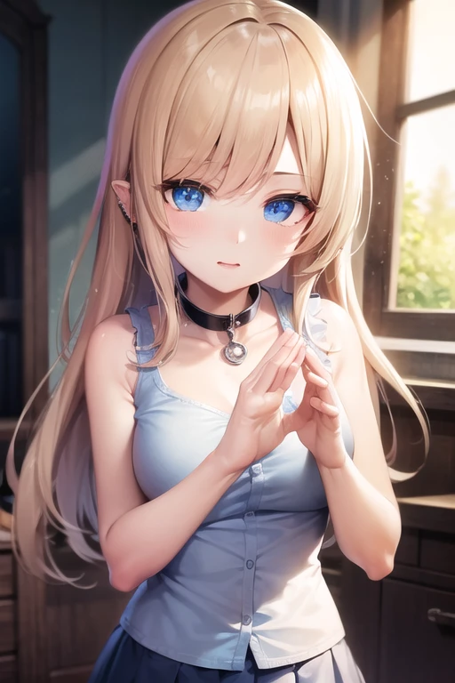 ((best quality)), ((masterpiece)), (detailed), Perfect face,, blue eyes, Pink blonde hair, off and on long hair, skirt, shirt, Jewel-like, white shirt, pleated skirt, ear nipple ring, Sleeveless, blue skirt, arms, Sleeveless shirt, off and on indoors, off and on looking at viewer, off and on (masterpiece:1.2), Best quality, high resolution, Unity8k wallpaper, (Implications:0.8), (Beautiful and delicate eyes:1.6), Extremely detailed face, perfect ligthing, 极其detailed CG, (Perfect hands, perfect anatomy),