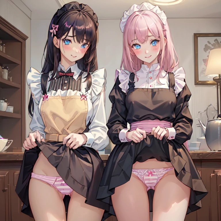 highest quality, masterpiece, ((2 girls:1.5)), ((smile:1.3)), (blush:1.3), Black Shirt, blouse, ((fun!!)), (Small breasts), Blonde, (Long sleeve), ((White apron:1.5)), ((Maid)), ((hair ornaments)), Kamimei, look at me, ((in house:1.5)), Taking a break from watching the audience, Cowboy Shot, (skirtlift:1.3), (Highly detailed pink striped panties:1.3), (Highly detailed panties:1.3), (skirt that rolls up:1.3), (Panties fully exposed:1.5), Light blue eyes, long hair, Glowing Eyes