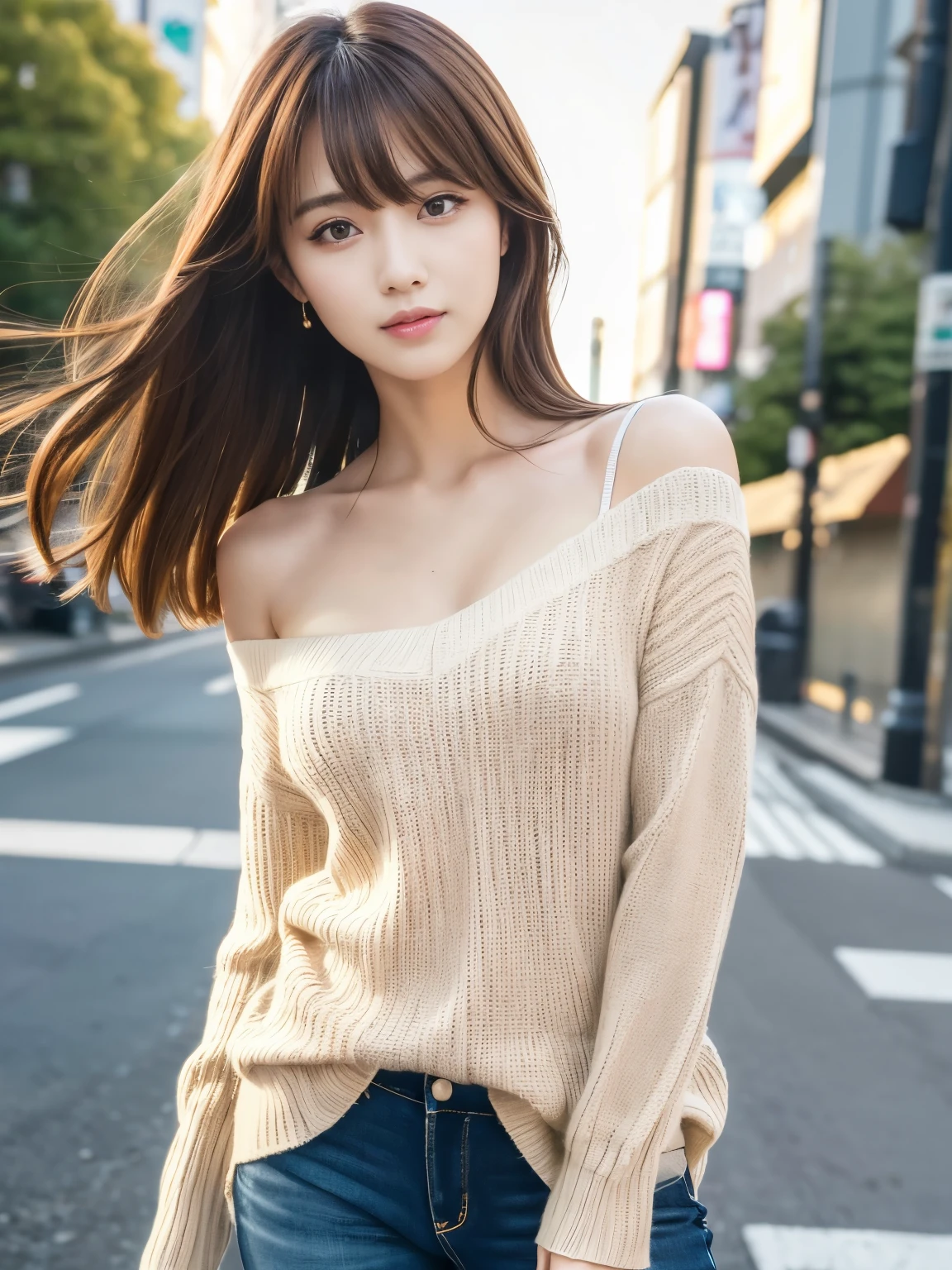 Ultra High Definition, Superior Quality, Premier Quality, ultra detailed, Photorealistic, 8k, RAW Photos, highest quality, masterpiece, Attractive girl, Stunning girl, Brown Hair, Shoulder Length Layered, asymmetrical bangs, Japanese Idol, Sophisticated, Stylish, v-neck knit, Shibuya, Great Joy