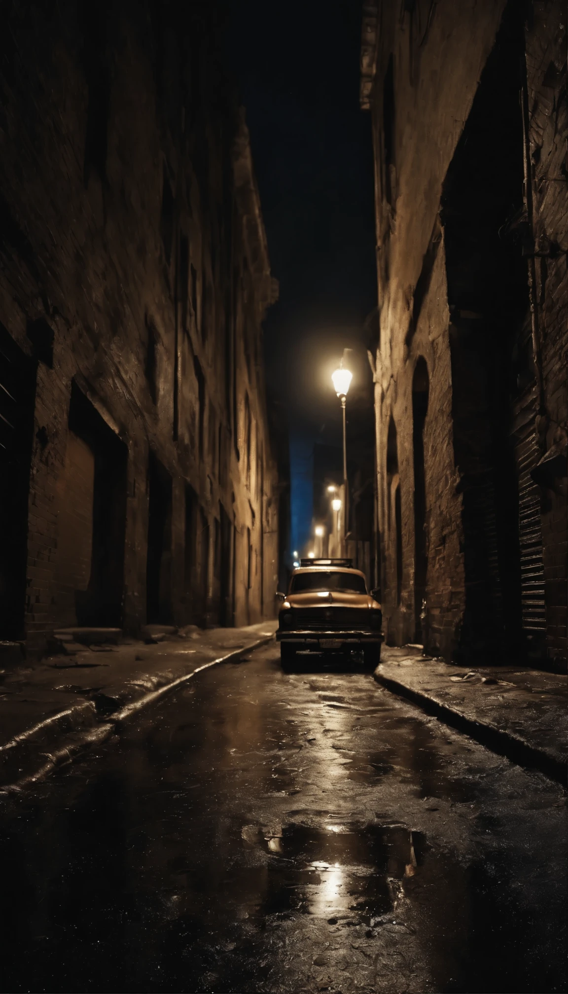 "(highest quality,4K,8k,High resolution,masterpiece:1.2),Super detailed,(Realistic,photoRealistic,photo-Realistic:1.37),A dark and abandoned city at night,Cityscape,Gloomy atmosphere,Deserted Street,Flickering street lights,Lonely,Ominous Shadow,The vague silhouette of a tall building,Moonlit Sky,heavy rain,Reflective Puddle,Wet asphalt,Empty Alley,Dark mood,Dilapidated building,Foggy,Mysterious feeling,Rough texture,Wall full of graffiti,Creepy abandoned vehicle,Cat lurking in the alley,Unforgettable silence,Urban decline,urban exploration,Litter,Eerie silence,Jagged broken window,Vivid neon lights,Persistent rainfall,Far thunder,Cityscape,Night reflection,Light and dark contrast,非Realisticな雰囲気"