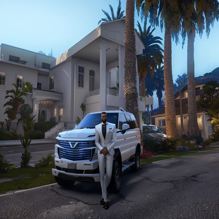 arafed man in a suit leaning against a white car, in front of the house, gta 6 style, ((gta 5 screenshot house)), new vehicle, upscale photo, in game style 8k, inspired by Michael Gustavius Payne, style of gta v, gta 6, 2023, 2 0 2 3, 2022