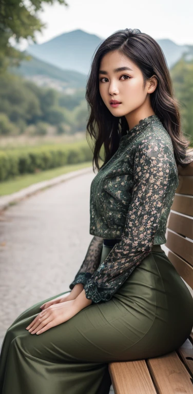 masterpiece, ultra detailed, high quality, 1girl, ( parted lips), detailed lips, sitting in bench, (solo), wide shot, scenery, full body, hair between eyes, long straignt hair, acmm ls outfit, wearing acmm top, olive green acmm top, long sleeves, wearing acmm long skirt, olive green acmm long skirt, printed skirt