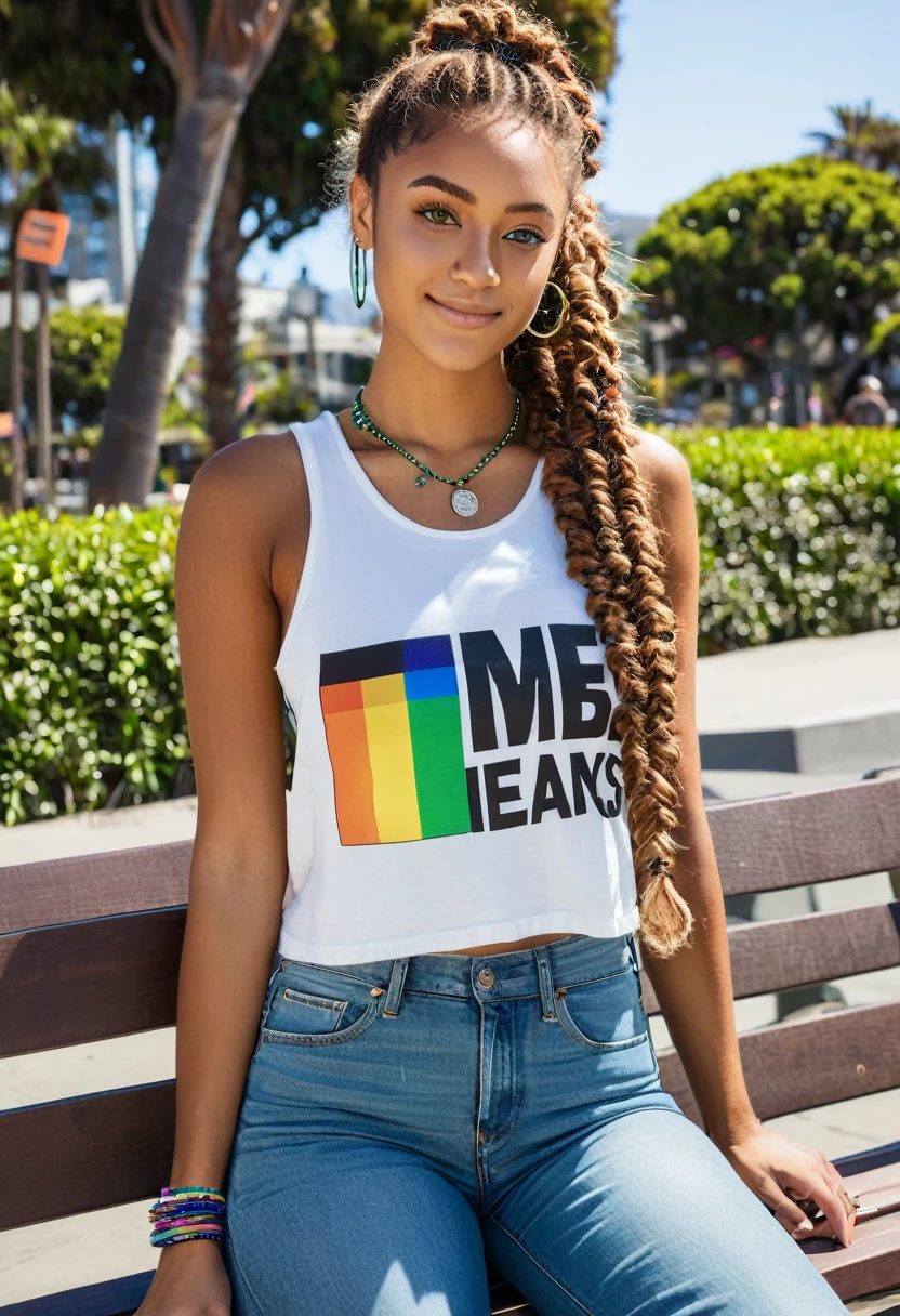 slightly tall young woman, light brown skin, light green eyes. Long brown curly hair with braids, ponytail, white tank top with small rectangle pride flag graphic, long dark blue Denim Jeans necklace, nose piercing, transparent lipgloss, slim built, very beautiful, late adolescent, 19 years old, full body photo, long legs, sitting on a bench in downtown Santa Monica during Pride Month