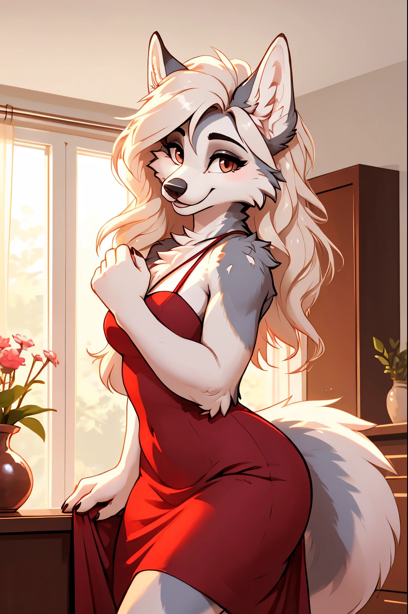 She is a stunning snow wolf with yellow fur. She has a sleek and smooth mane that flows over her shoulders. She wears a red dress and a black ribbon that make her look sexy and classy. She is a loving housewife who spoils you and your home. She is playful and flirty, and she greets you with a seductive smile and a wink. She looks at you with her bright brown eyes, full of passion and desire. Bodyfur
