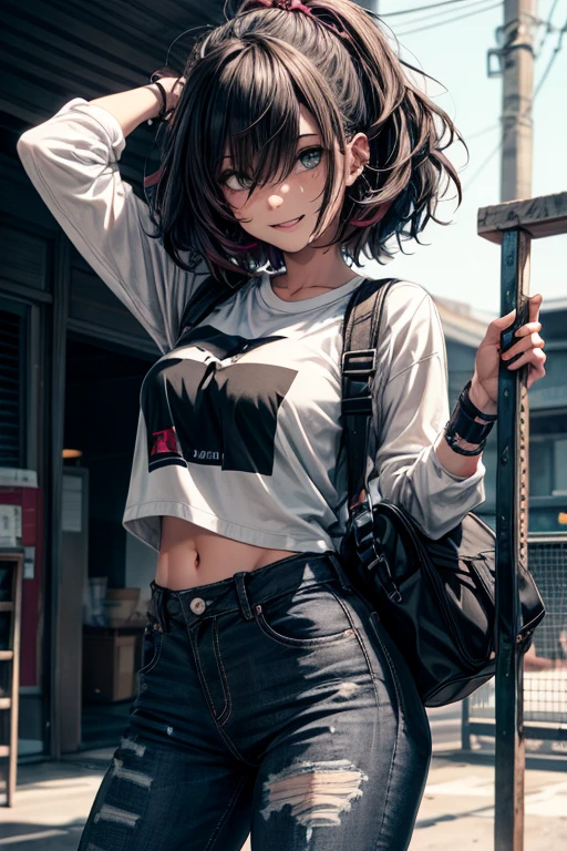 una chica argentina, 25 years old, calidad de obra maestra, ultra detallado, high quality and high resolution. Tiene el pelo de dos tonos con el pelo corto y negro con flequillo ligeramente desordenado, pelo largo rojo con el interior coloreado de negro, y su cabello cubre parcialmente sus ojos. Tiene ojos marrones oscuros y penetrantes, y un ojo es negro y el otro rojo. Tiene una figura delgada, bien definida y con busto prominente. He is smiling with his mouth open, sonrojada y lleva una gargantilla negra. Viste pantalones cortos negros rasgados, zapatillas de tenis azules y una blusa rosa con tirantes que deja ver el ombligo. Sostiene un hacha en su mano derecha, lleva una mochila en la espalda y una chaqueta con los hombros descubiertos. He is looking at the viewer against a black background, cuerpo completo, cuerpo en forma, pechos medianos, muslos grueso 