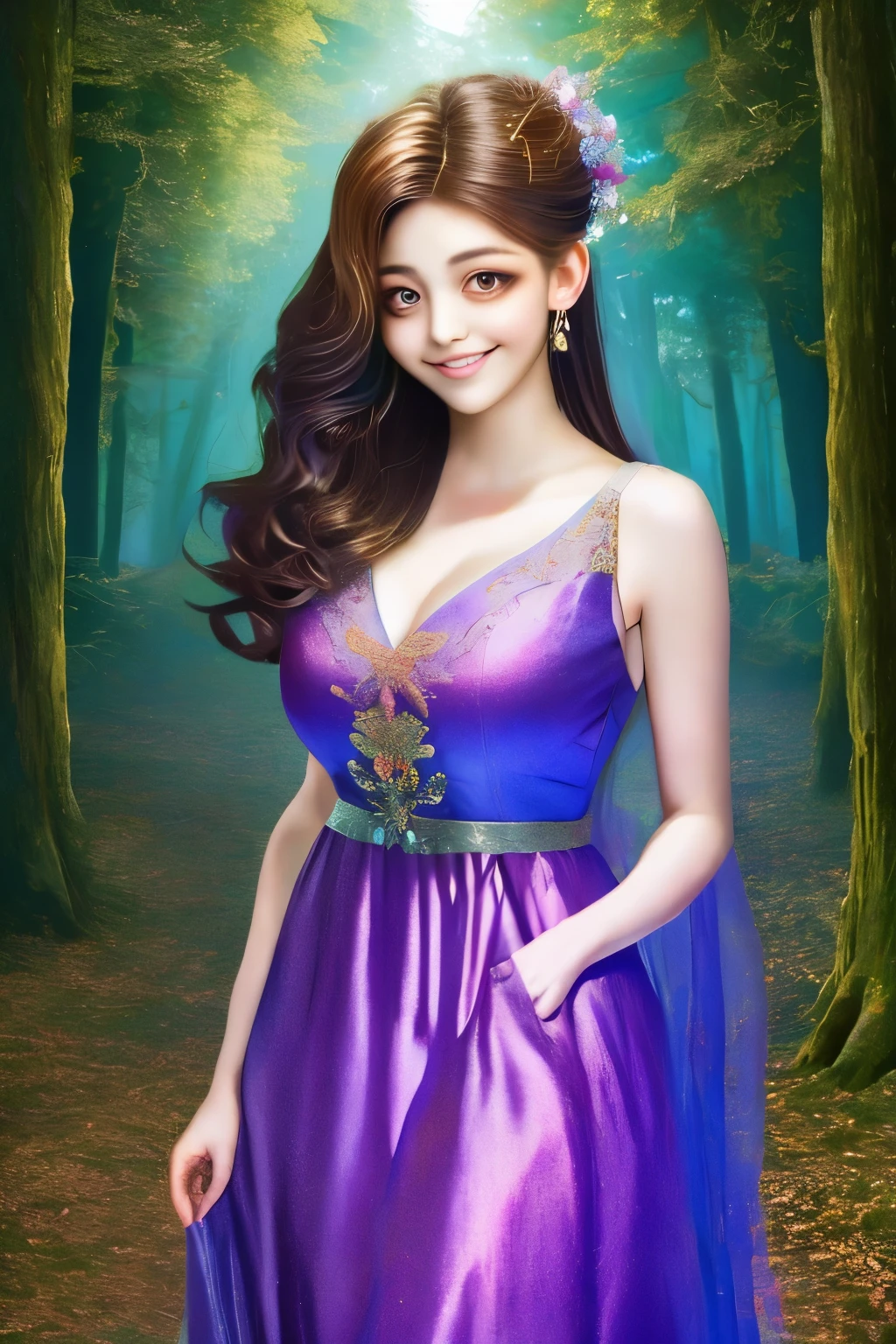 1girls, ,,Simper smile, High-definition image, a woman, her hair adorned with glowing fireflies, eyes shimmering with enchantment. Dressed in a gown made from woven moonlight, she stands in a mystical forest where trees come to life. The scene, bathed in the ethereal glow of the fireflies, captured in the style of a magical forest artwork., (masterpiece, best quality, official art,intricate details:1.2)